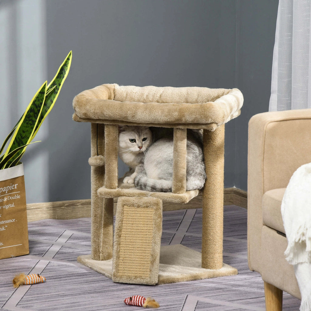 Albero Tiragraffi per Gatti con Casetta e Lettino 40x40x57 cm in Peluche e Juta Marrone
