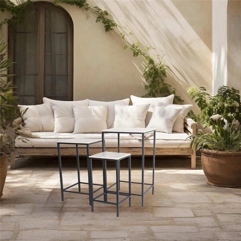 SET 3 TAVOLINI DECORATIVI A COLONNA QUADRATI 30X71H/25X61H/20X51H CM TOP BIANCO