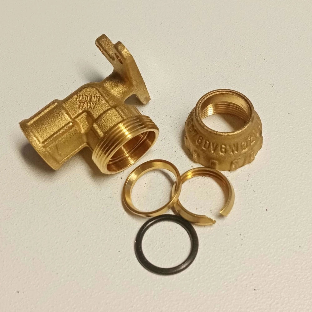 Raccordo f 20x1/2 gomito flangiato di giunzione in ottone con tenuta o-ring ed ogiva in ottone