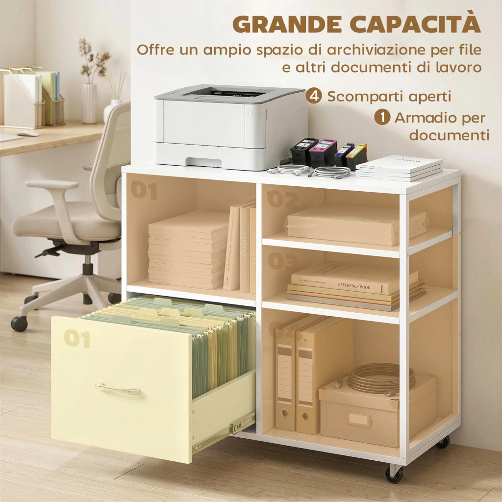 tavolo stampante con ruote e cassetto A4, ideale per casa e ufficio.