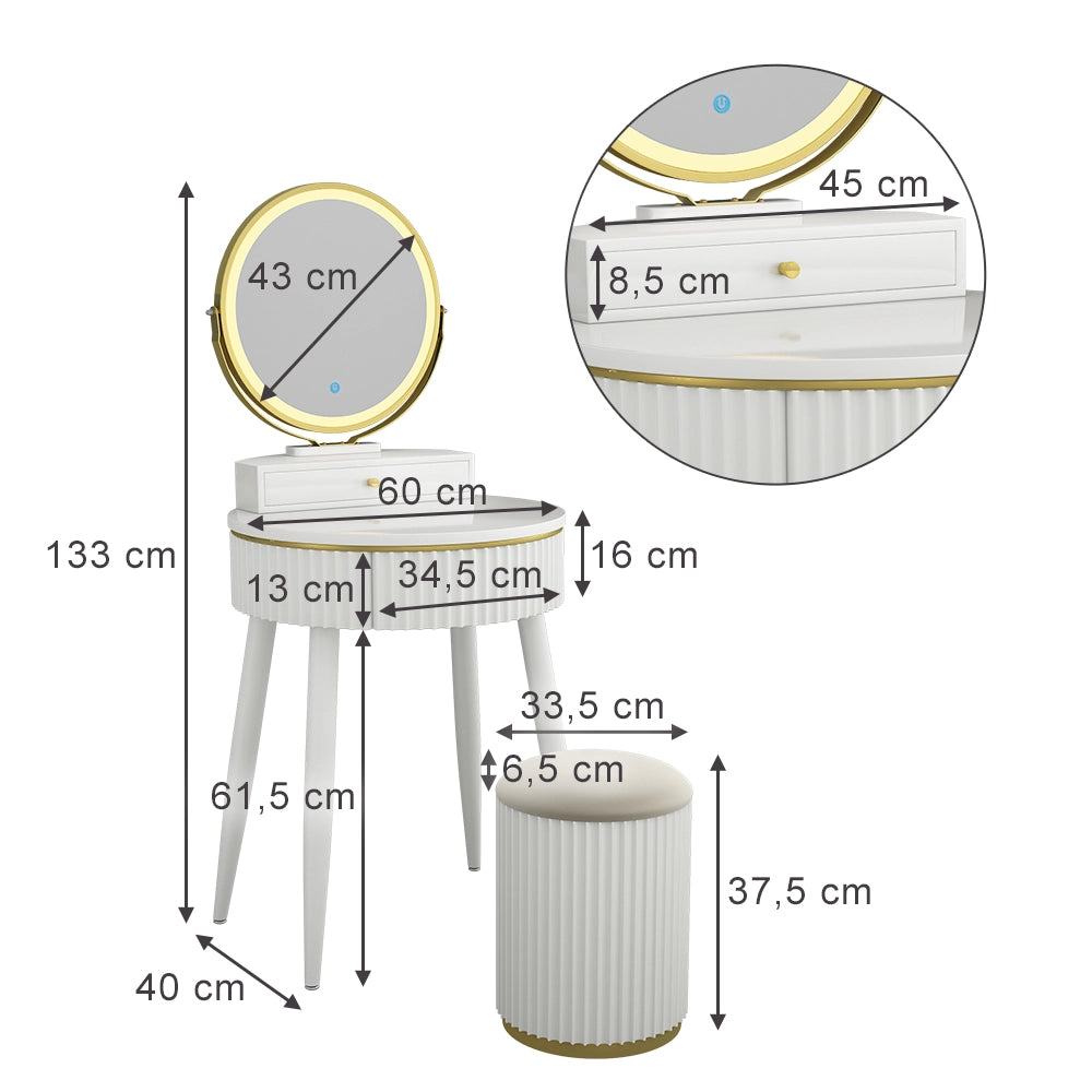 Vicco Tavolo da toilette Bianco 60 cm con specchio a LED in 3 tonalità di bianco, dimmerabile