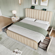 Letto matrimoniale 160x200 cm beige in lino con 4 cassetti; USB/Type-C e materasso H3