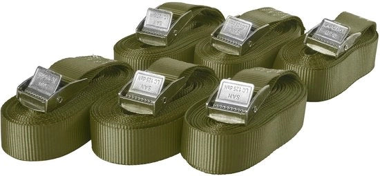 Set di cinghie di tensione a clip con lunghezza 6m, larghezza 25mm, colore oliva, cinghie di tensione a clip brevi, capacità di sollevamento fino a 250kg, conformi a DIN EN 12195-2, cinghie di tensione a clip singole.