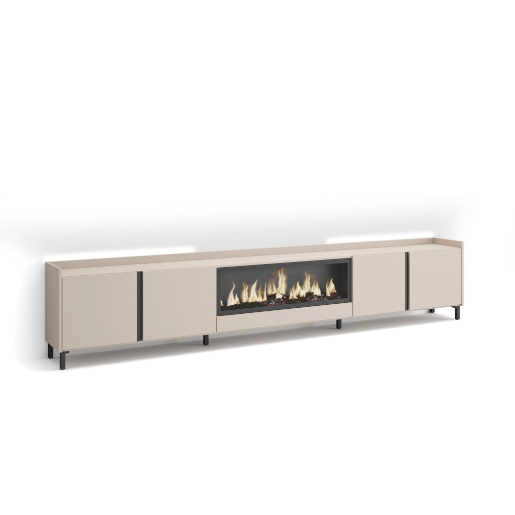 Mobile TV Soggiorno, 315x61x35 cm, Per TV fino a 80", Camino elettrico XXL, Design industriale, LED, Beige