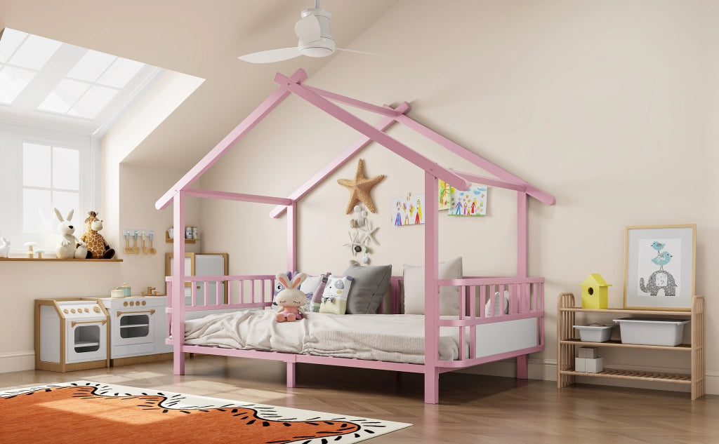 Letto per bambini 90 × 200 cm con barriera di sicurezza e tetto, senza materasso, in metallo, rosa