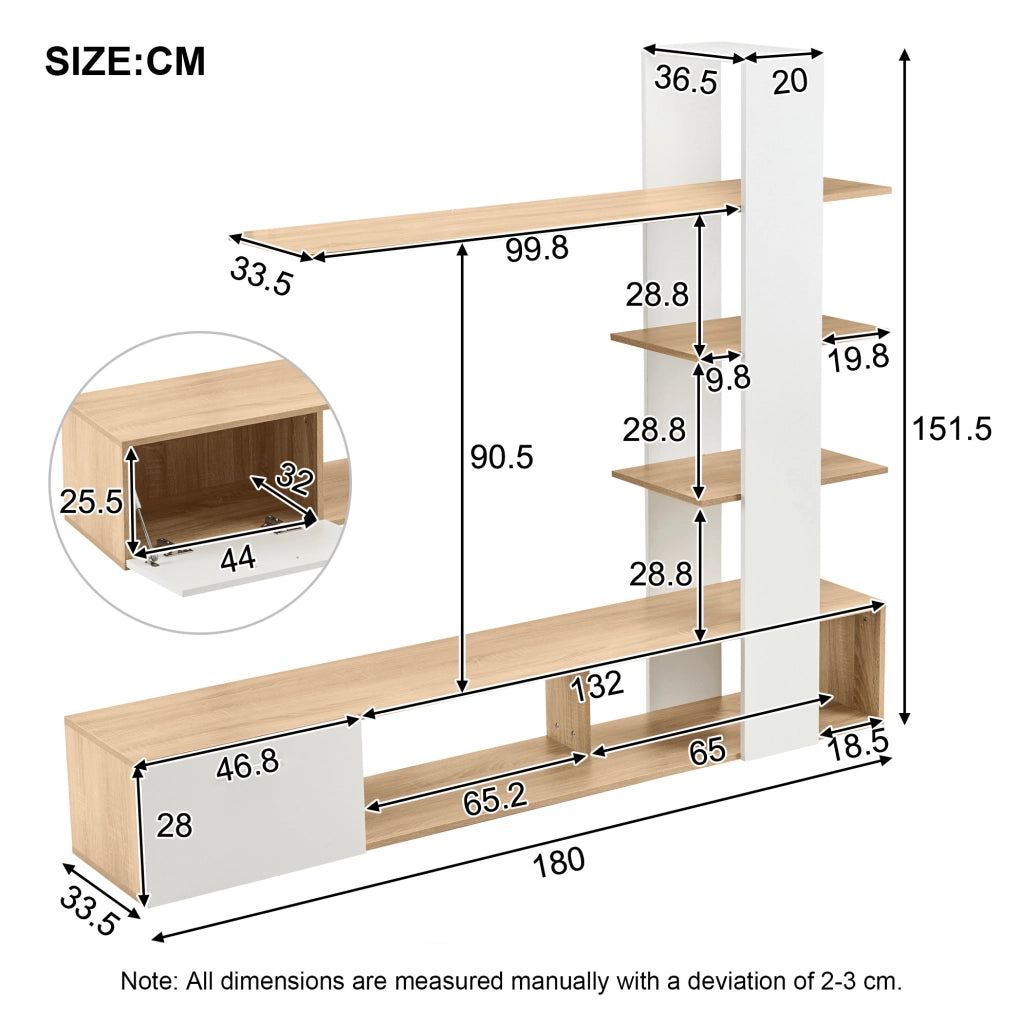 Mobile TV da parete 180x33.5x151.5 cm per TV fino a 60 pollici con ripiani e anta in truciolare bianco e naturale