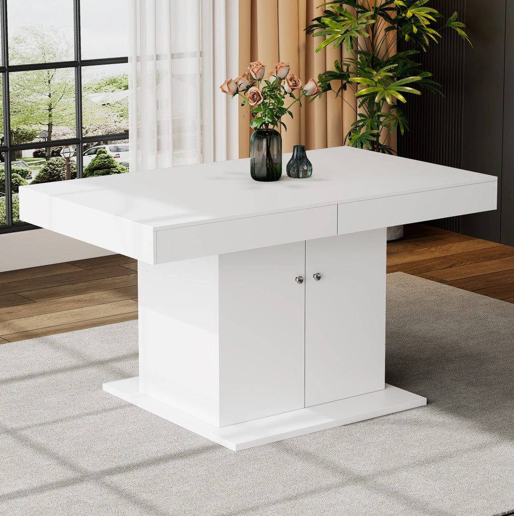 Tavolo da pranzo allungabile 140/180 cm con vano contenitore; pannello truciolare bianco