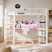 DESMIU Letto a soppalco 90 × 200 cm 1 posto con scrivania, LED, prese, ripiani, senza materasso, bianco