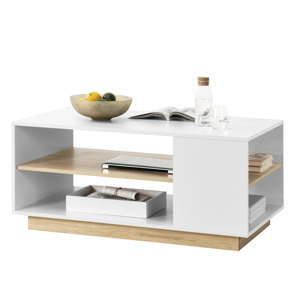 Tavolino Centrale Trelleborg da Salotto con Ripiano 100 x 60 x 46 cm - Bianco/Effetto Rovere [en.casa]