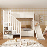 Letto a Castello per Bambini con Scivolo, Cassetti e Scala ¨C Xylo ¨C Bianco 90x200