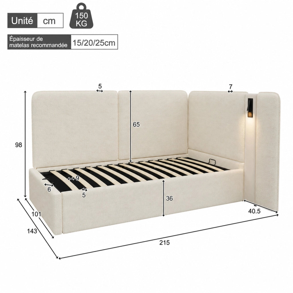 Letto imbottito singolo 90x200 cm con contenitore idraulico, lampada lettura USB e Type-C, beige bouclé