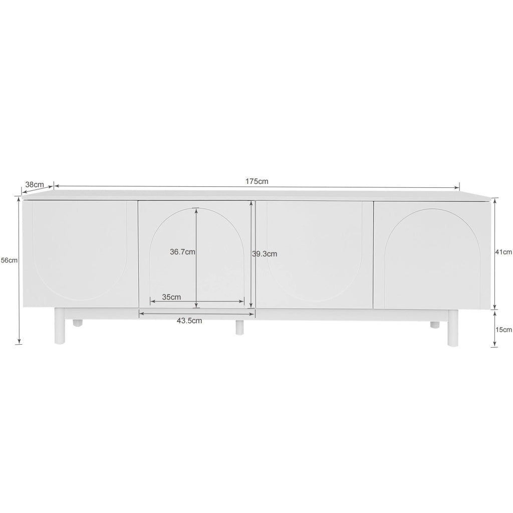 Mobile TV con 4 Ante e Ripiani Regolabili; Apertura Push to Open; per Soggiorno; in Pannello di Particelle; 175 × 38 × 56 cm; Bianco