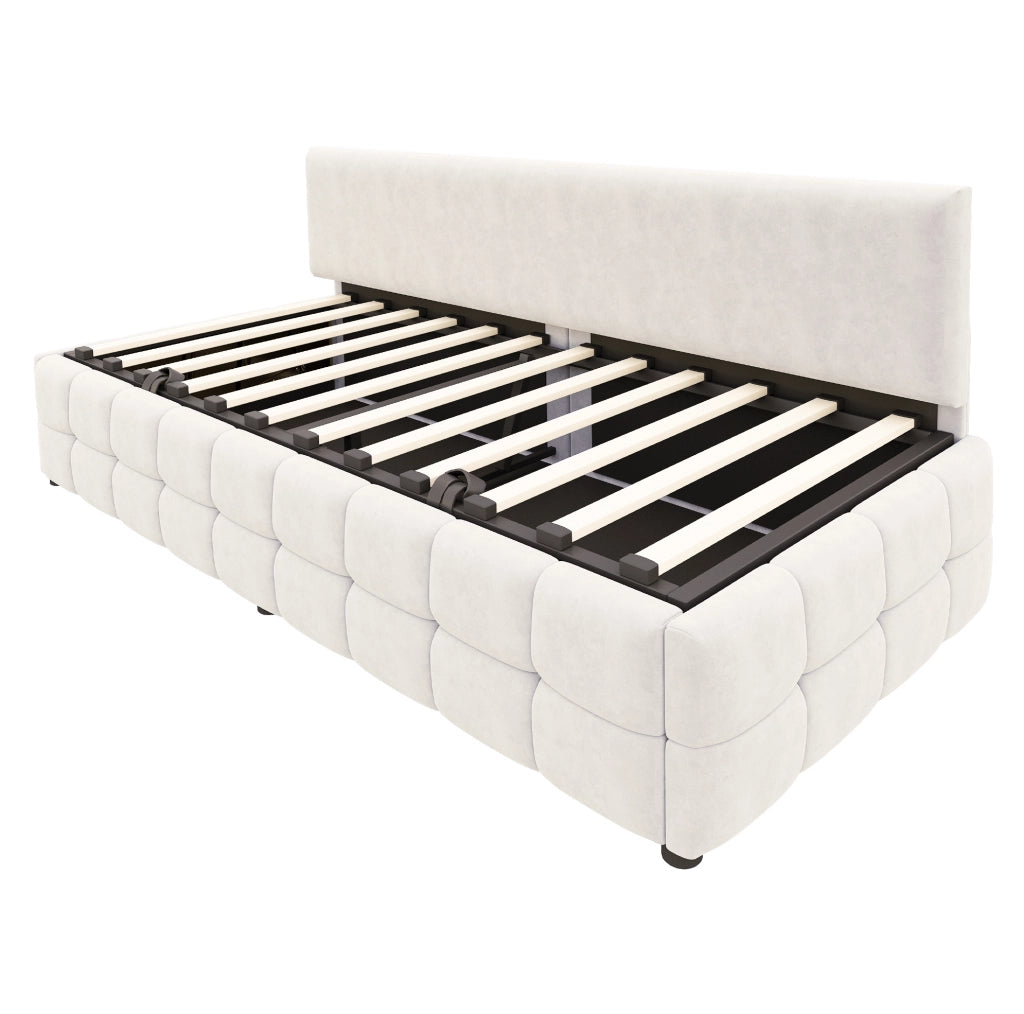 Letto singolo imbottito 90x200 cm con contenitore idraulico in velluto beige