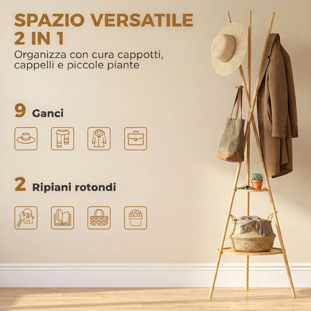 Albero Porta Abiti con 9 Ganci e 2 Ripiani. Naturale