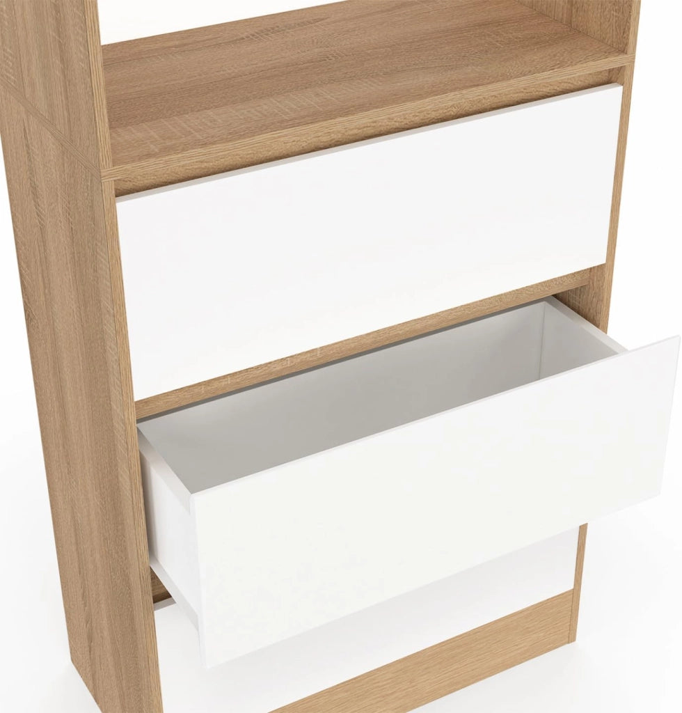 CARLA Libreria a 3 livelli con 3 cassetti bianchi ed effetto legno H.190 cm
