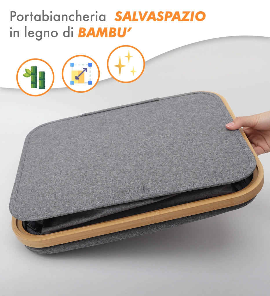 Cesto Portabiancheria Con Coperchio Cesta Bucato 100L Con Sacco Interno Removibile Tessuto Oxford Manici In Bambù Pieghevole Grande Biancheria Sporca - Grigio
