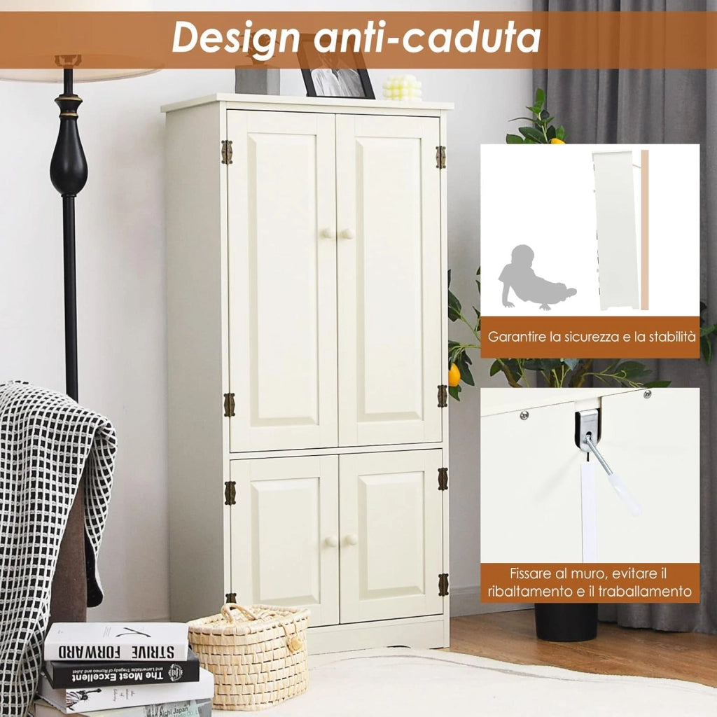 Mobile Multiuso, Armadio da Soggiorno, Credenza da Cucina in Legno, con 4 Ripiani, 59 x 32 x 123cm, Bianco e Nero (Bianco)