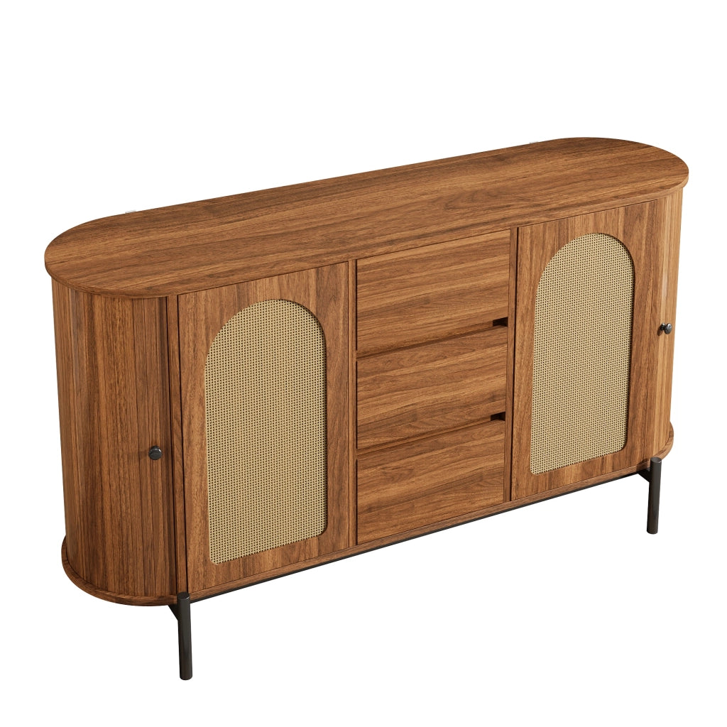 Credenza Ovale con Ante Scorrevoli, Cassetti e Ripiani ¨C Xylo ¨C Effetto Legno, Gambe in Metallo