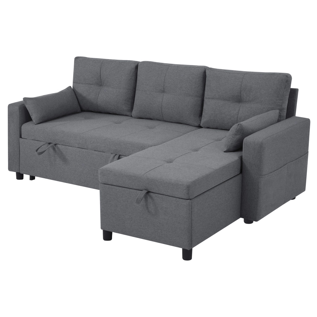 Divano angolare L modulare letto estraibile con vano contenitore e portabicchieri in lino grigio 211 × 136 × 87 cm