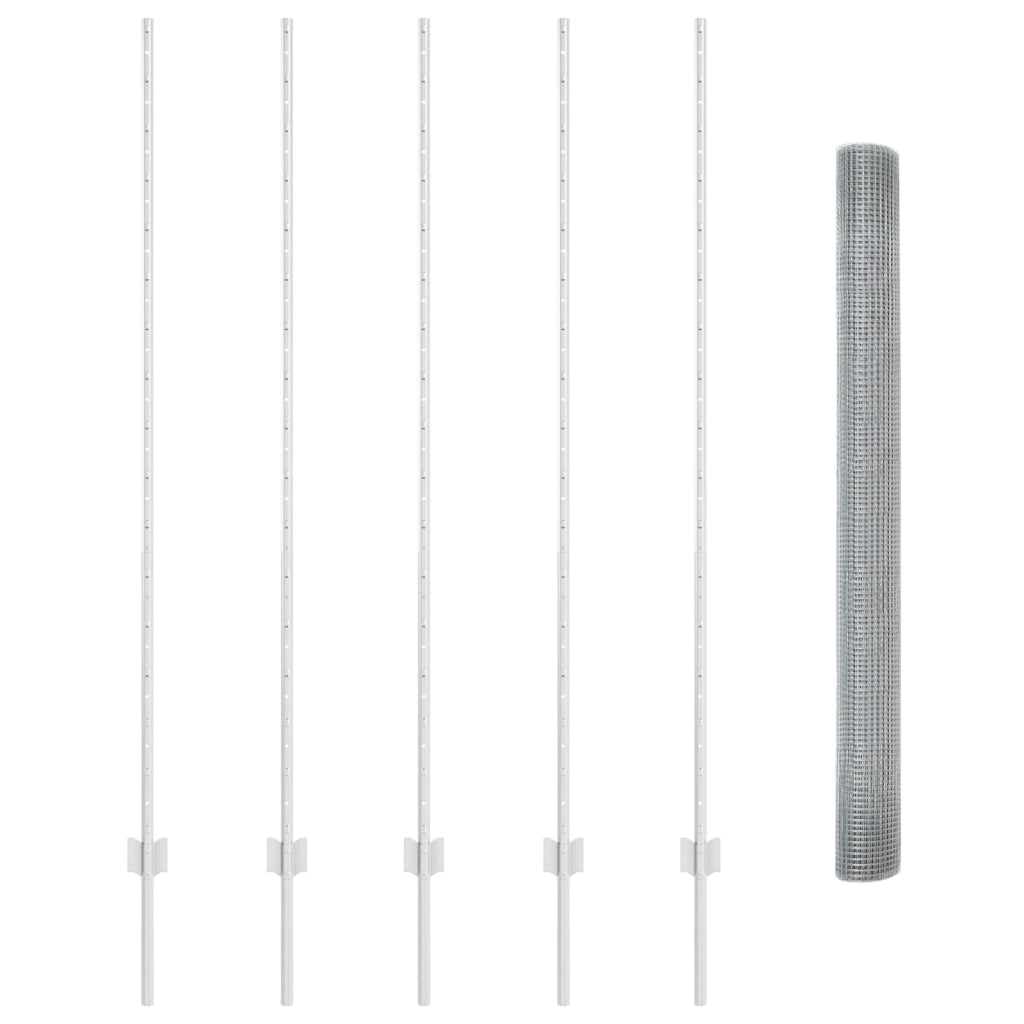 Recinzione in rete saldata con 10 pali a U Argento 1,5x10 m Acciaio