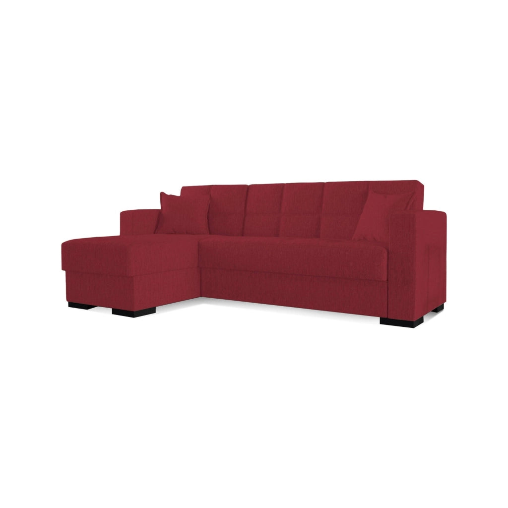 Divano letto Armadillo, Divano letto ad angolo con penisola reversibile, Sofà\  contenitore da soggiorno con chaislongue e 2 cuscini, Cm 230x150h81, Rosso