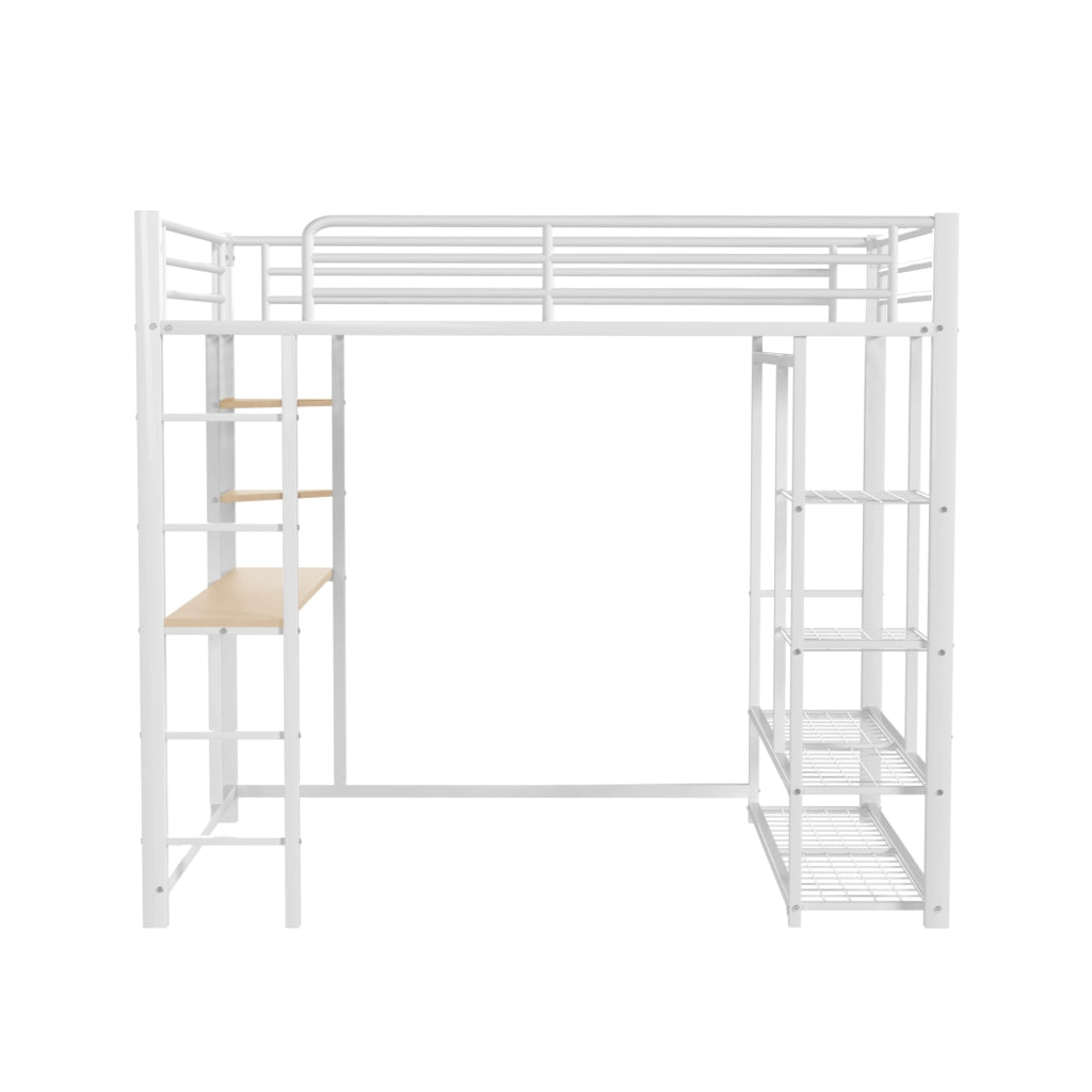 OKWISH Letto a Soppalco 140×200 cm, Letto Matrimoniale con Scrivania, Mensole e Appendiabiti, senza Materasso, in Metallo, Bianco