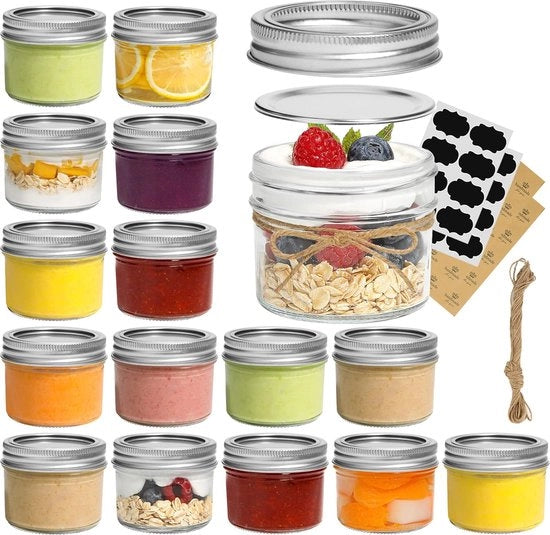 Contenitori di cottura da 125 ml con coperchio a viti e etichette, contenitori da weck con coperchio, confezione da 16 pezzi, contenitori da jam per erbe, preparazioni casalinghe, confetture, marmellate, contenitori per yogurt, contenitori per marmellata