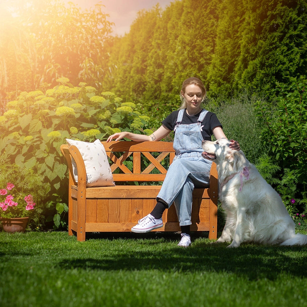 Panchina da giardino in legno KADAX con schienale, 119 cm, per terrazzo, con contenitore in rovere