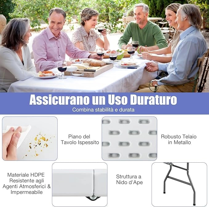 Tavolo da Pranzo Pieghevole 180 cm, Tavolo Campeggio in Plastica con Maniglia, Gambe in Metallo e Piedini Antiscivolo, per Picnic, Campeggio, Giardino, Portata 180 kg