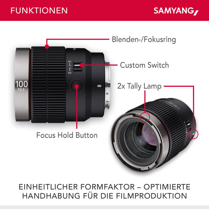 Obiettivo video V-AF 100 mm T2,3 FE compatibile con Sony E, per videocamera, con autofocus risoluzione 8K e lampada Tally, alta intensità luminosa per full-frame e APS-C