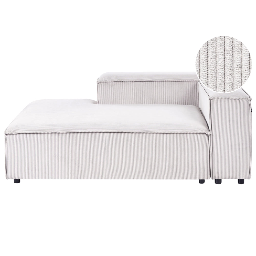 Chaise longue con rivestimento in velluto a coste in poliestere bianco sporco lato destro stile moderno