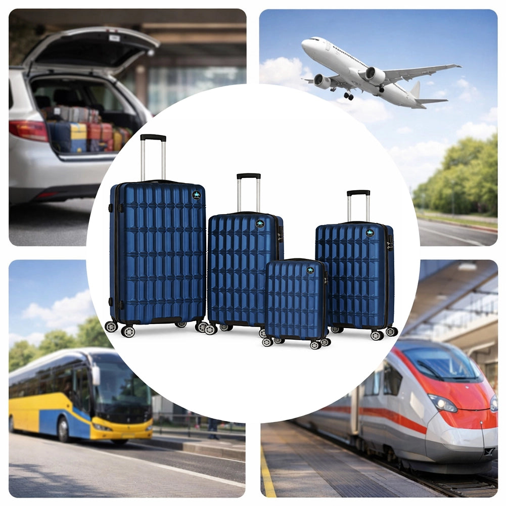 Set 4 Valigie con Scocca Rigida e Resistente Trolley Viaggio Blu Ruote Easy Roll