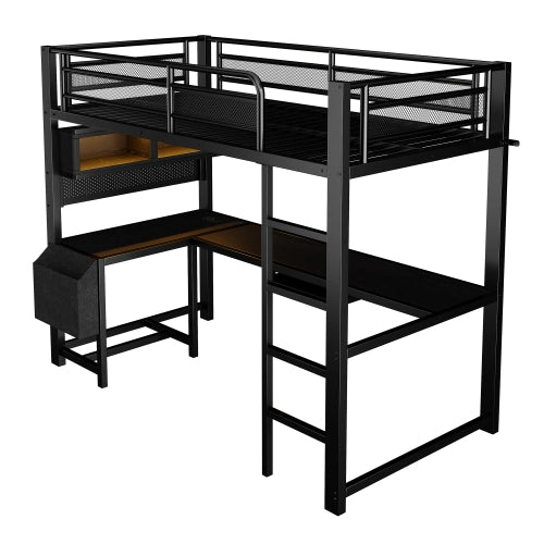 Letto a soppalco con scrivania 90x200 cm LEMONMAX, LED 7 colori, 2 prese e 2 USB, mensole, struttura in metallo, nero