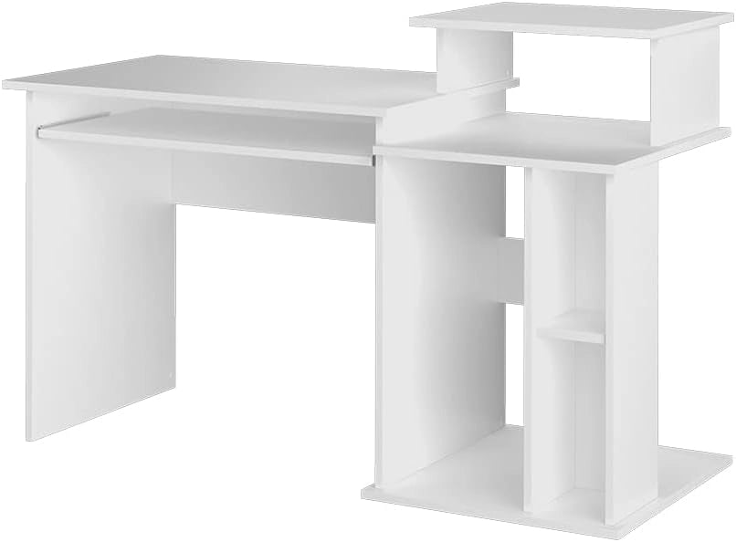 Scrivania con ripiani Jan, Bianco, 130 x 55 cm, con sovrastruttura e ripiano estraibile per tastiera