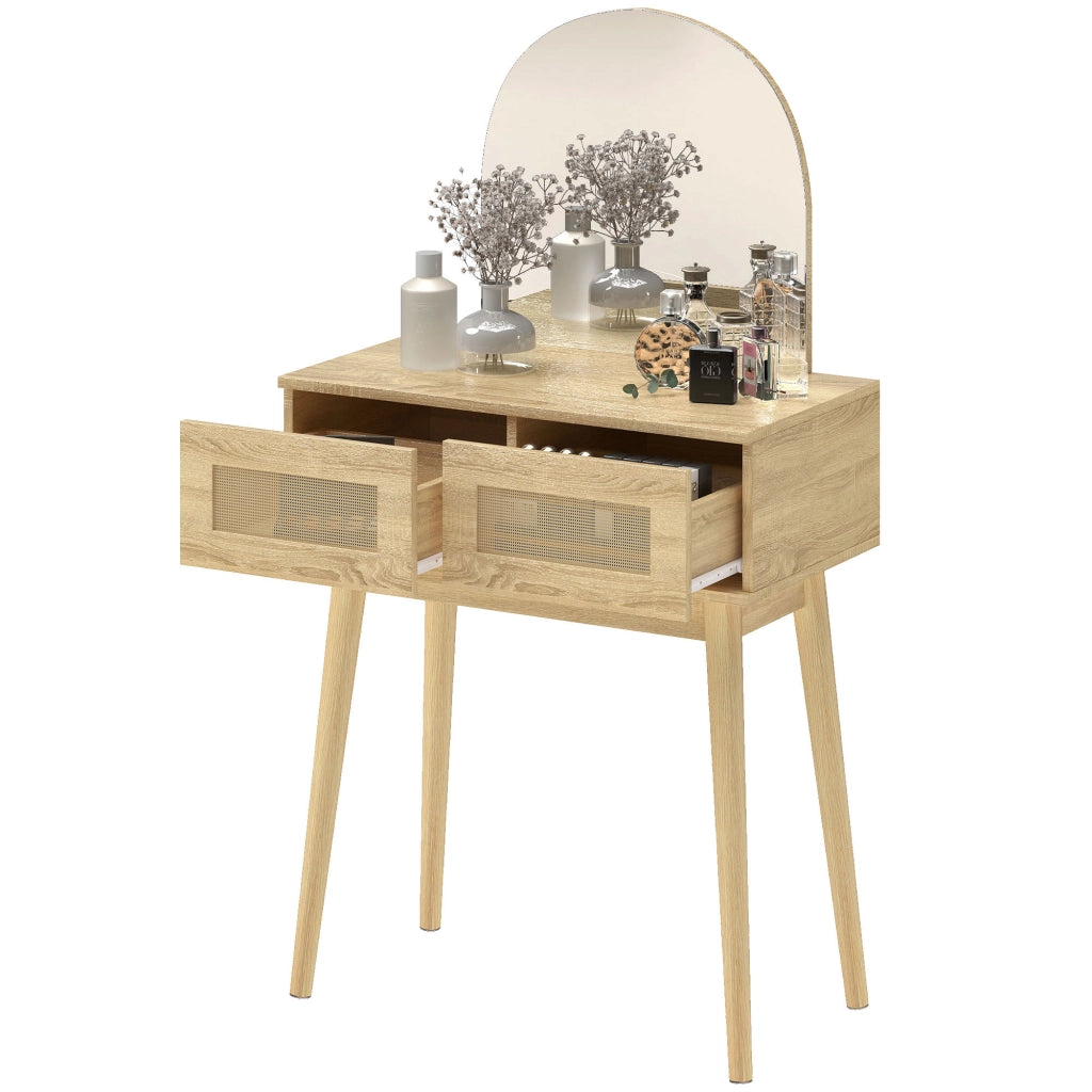 Tocador con Specchio Arcuato e 2 Cassetti ¨C zephmum ¨C Legno Naturale con Frontale in Rattan