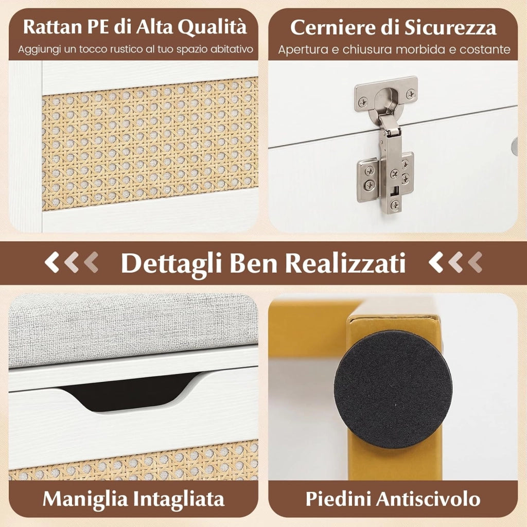 71L Panca Scarpe con Seduta Imbottita, Cassa Portaoggetti in Rattan con Coperchio Ribaltabile, Panchina da Ingresso con Spazio Nascosto, 100x35x44 cm (Bianco)