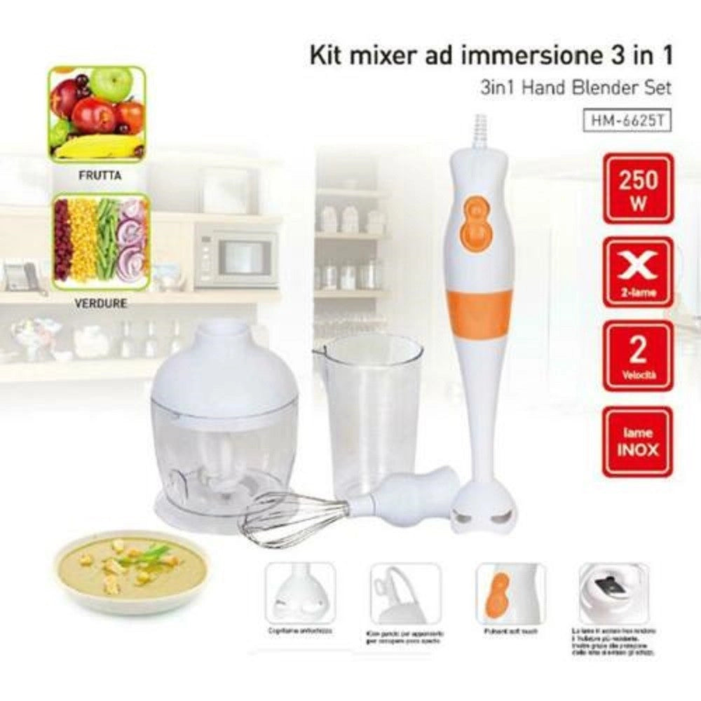 Trade Shop - 3in1 Mixer Ad Immersione Kit 2 Velocita' 250watt 65mm Frutta Verdura Cucina Casa -