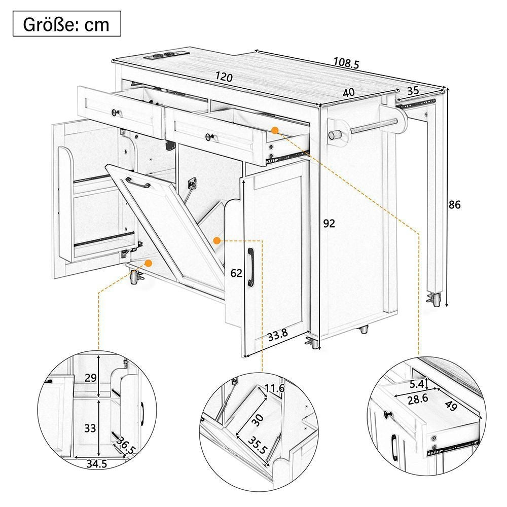Isola cucina mobile con tavolo estendibile - Xylo - Grigio - Compartimento rifiuti e multipresa