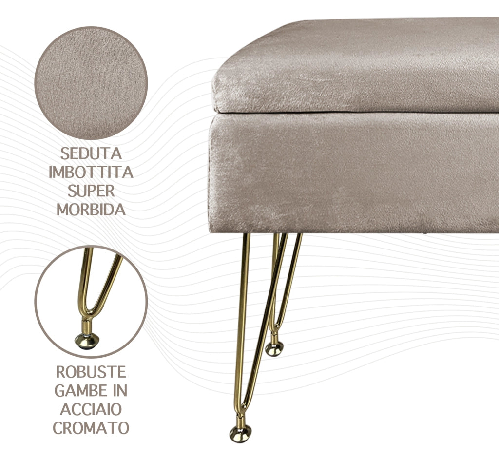 Pouf Panca Imbottita Divanetto In Velluto Contenitore PortaOggetti Panca Sgabello A Pie Di Letto Con Gambe In Metallo Dorato Cassapanca Scarpiera Ingresso Legno Massello Panchina  - Tortora