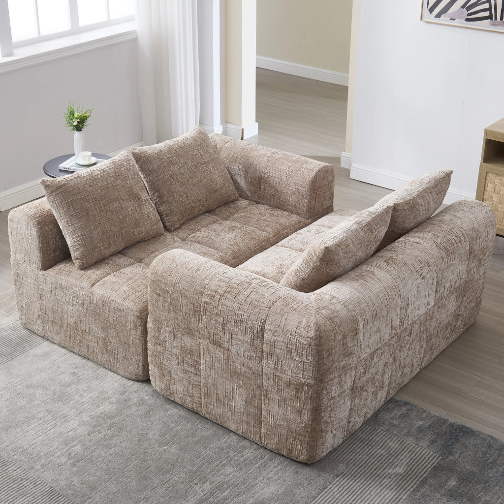 Divano 2 Posti Chaise Longue con Tasche Laterali e Cuscino, in Ciniglia Cachi 158 × 90 × 60 cm