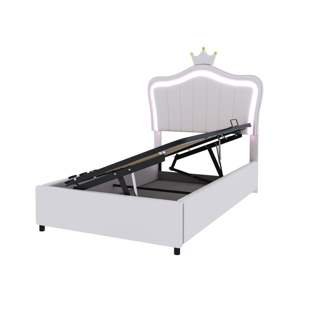 OKWISH Letto Contenitore 90×200 cm, Letto Singolo con LED Regolabile, Contenitore Idraulico e Testiera Regolabile, senza Materasso, Bianco