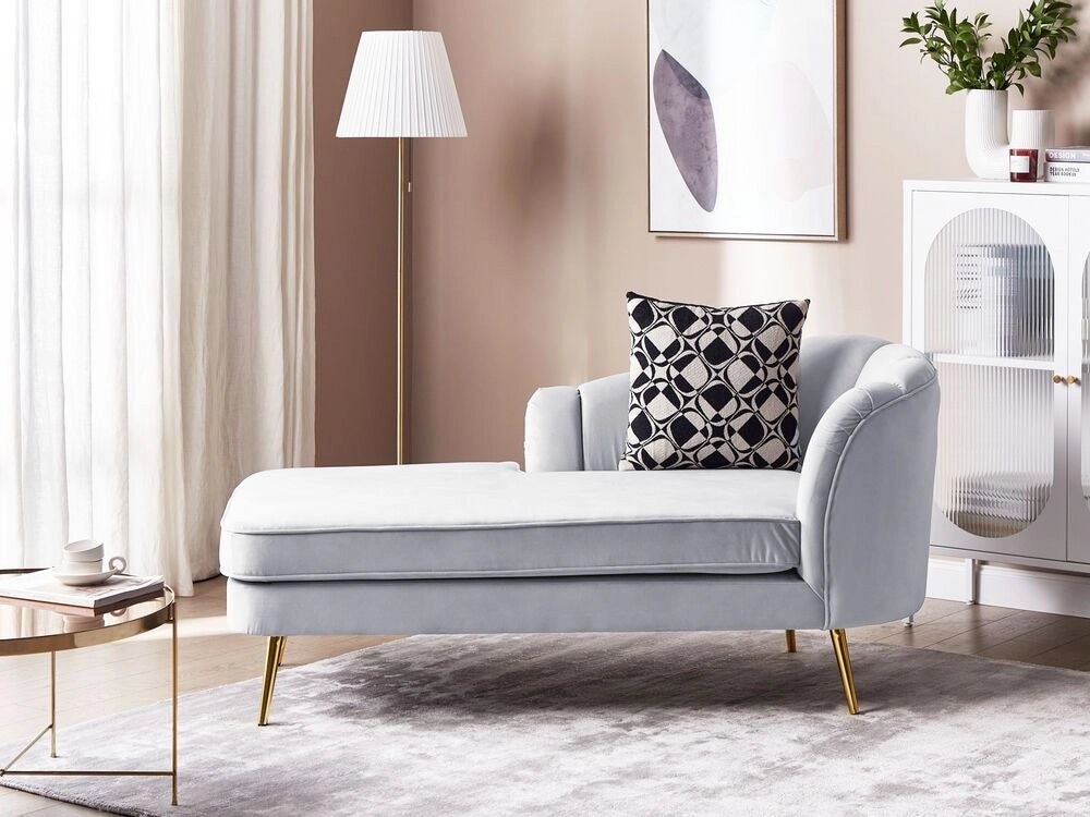 Chaise longue Velluto Grigio Chiaro Rivestimento Gambe In Metallo dorato versione destra