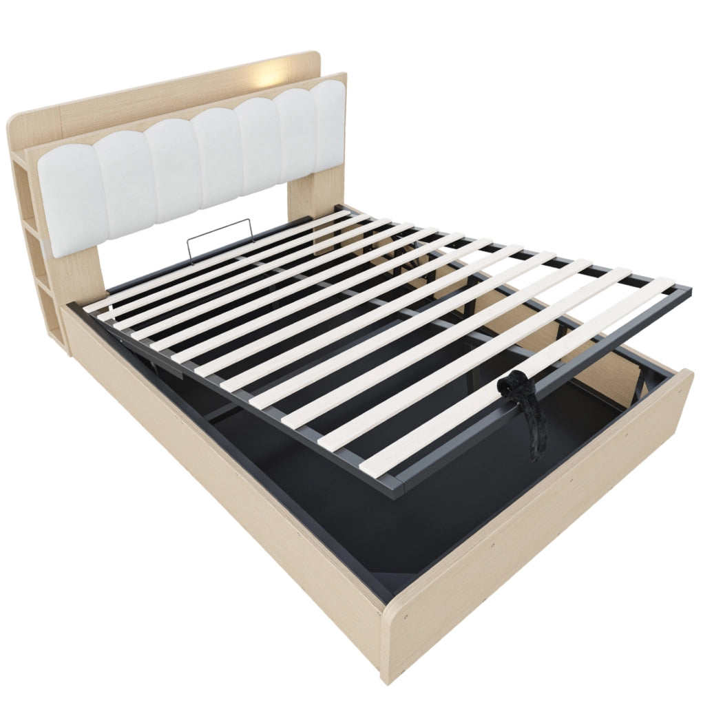 Letto 140x200 cm con contenitore idraulico; testiera con vani; USB e luce; legno colore naturale