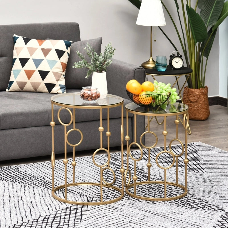 Tavolo da pranzo - set 2 tavolini - piano in vetro - design ruota e sfera - Ø41x57 cm - oro