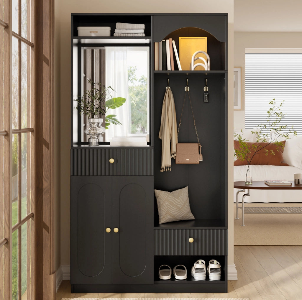 Mobile guardaroba ingresso 100x35x180 cm in MDF nero con specchio， panca e LED