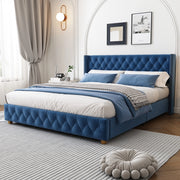 Letto imbottito con testiera capitonné; rivetti decorativi e gambe in legno; velluto blu; 160x200 cm
