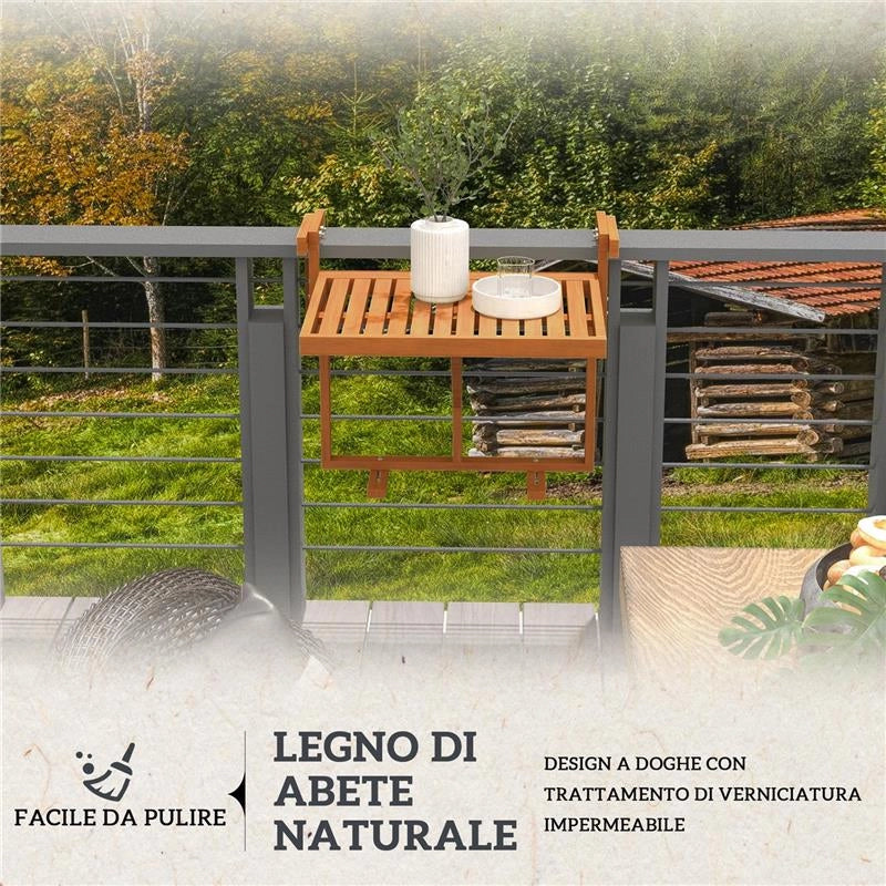 TAVOLINO DA RINGHIERA PER BALCONE PIEGHEVOLE E REGOLABILE IN LEGNO, COLORE TEAK