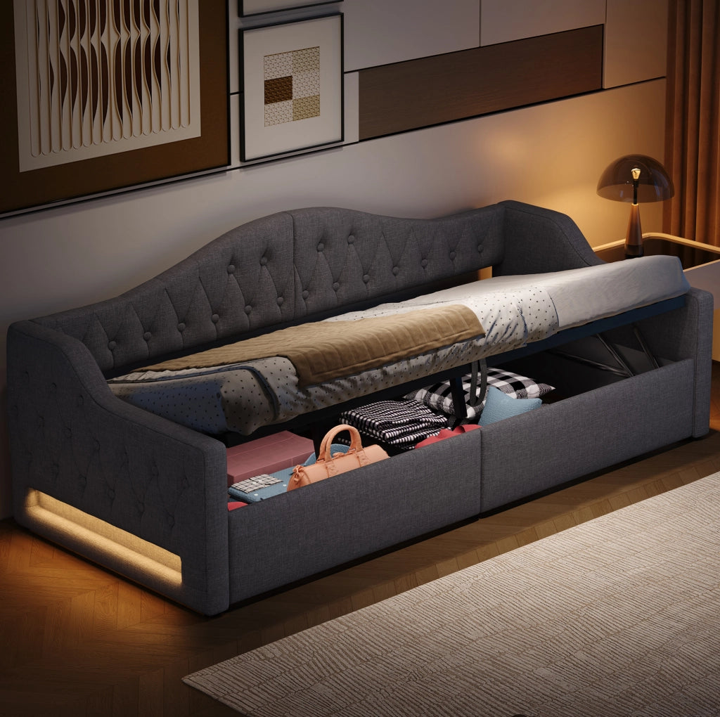 Letto da giorno imbottito 90x200 cm con LED e contenitore