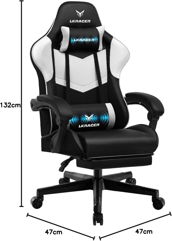 Sedia da gioco con poggiapiedi, ergonomica, con cuscino lombare regolabile, cuscino da gaming, sedia da gamer, altezza regolabile, portata 150 kg, colore: bianco