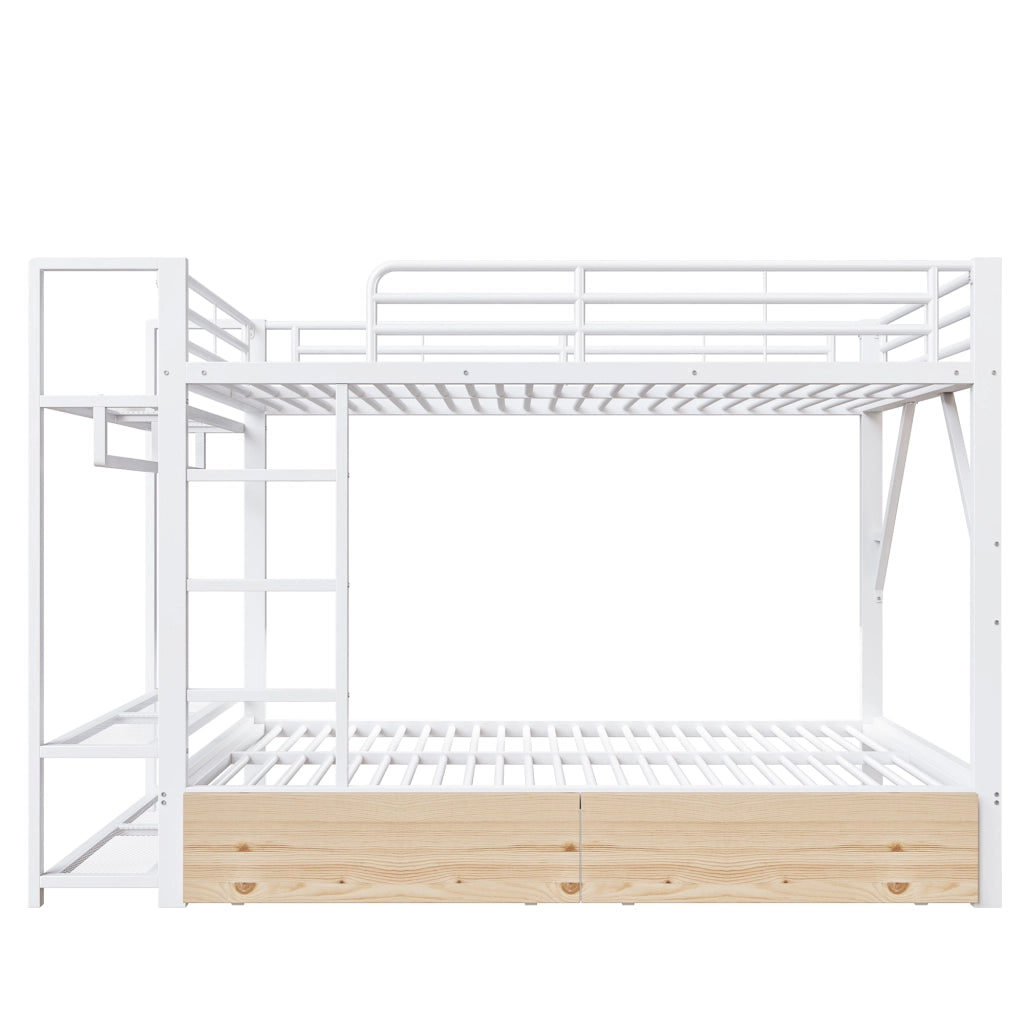 Letto a castello 140x200 cm - Zephmum - Struttura in ferro, 2 cassetti, LED, appendiabiti, bianco
